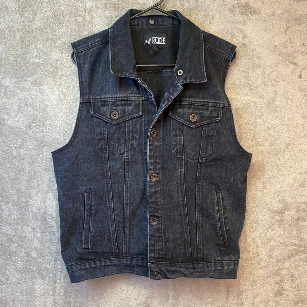 Rude Mens Washed Black Denim Vest Sleeveless Trucker Jacket Size MD RN120684